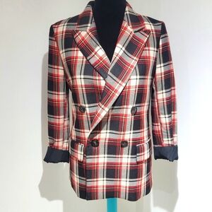H&M Women's Longline Plaid Lined Double Breasted Blazer 4 Red Black Cream Preppy
